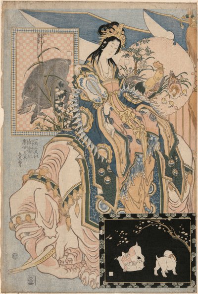 白象に乗った唐女、公正なアトラクションでの巨大なわらの宣伝のセットから 作： Katsushika Hokusai