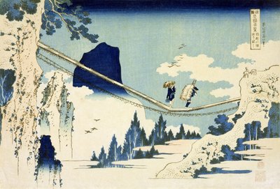 飛騨と越中の吊橋（木版） 作： Katsushika Hokusai