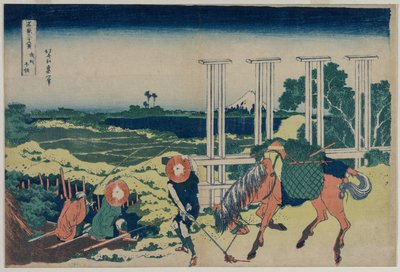 武蔵道千住の堰、三十六山連峰富士、1830年代初頭。 作： Katsushika Hokusai