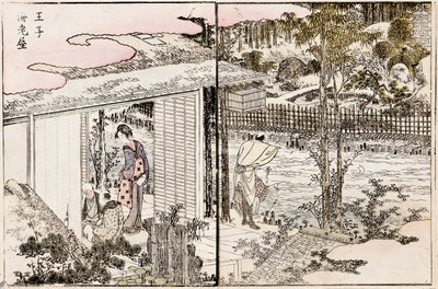 王子のレストランえびや。 1802年の東部の首都のシリーズプレジャーズから。 作： Katsushika Hokusai