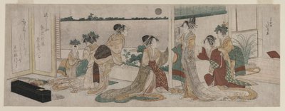 吉原のバルコニーから田んぼに昇る秋月を眺める司と扇屋の遊女たち 作： Katsushika Hokusai