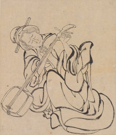 三味線の調律、18世紀後半から19世紀初頭。 作： Katsushika Hokusai