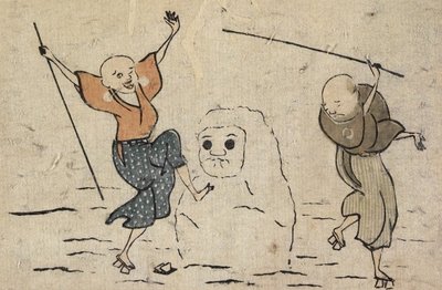 2人の盲人と雪だるま 作： Katsushika Hokusai