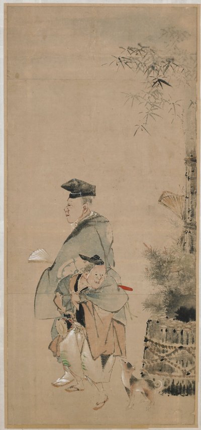 江戸時代、正月を散歩する二人の芸人 1798-1801。 作： Katsushika Hokusai