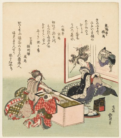 火鉢のそばに座っている 2 人の女性と 1 人の少年 作： Katsushika Hokusai