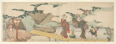 遊歩道にいる二人の女性と一人の少年 作： Katsushika Hokusai