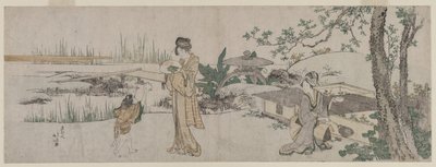 金魚の水槽のそばにいる二人の女性と子供 作： Katsushika Hokusai