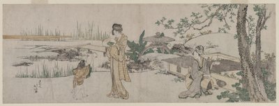 金魚の水槽の横の2人の女性と子供c。 1800。 作： Katsushika Hokusai