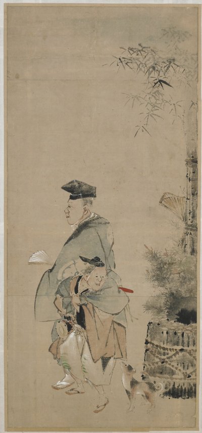 江戸時代の正月を散策する2人の芸能人1830〜32年（紙にインクと色） 作： Katsushika Hokusai