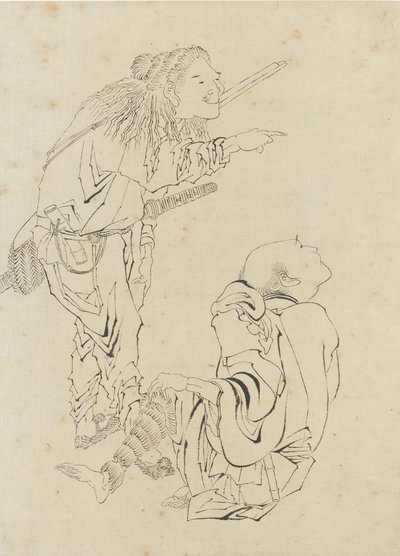二人の狩人、江戸時代（紙にインク） 作： Katsushika Hokusai