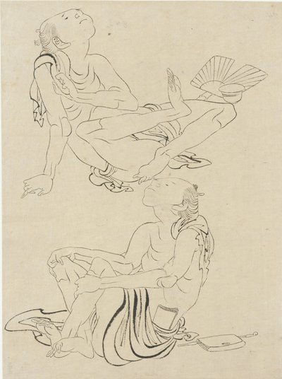 江戸時代の夏にくつろぐ二人の男（紙に墨） 作： Katsushika Hokusai