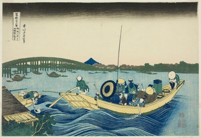 Viewing Sunset over the Ryogoku Bridge from the Onmaya Embankment (Onmayagashi yori Ryogokubashi sekiyo o miru), from the series "Thirty-six Views of Mount Fuji (Fugaku sanjurokkei)" 作： Katsushika Hokusai