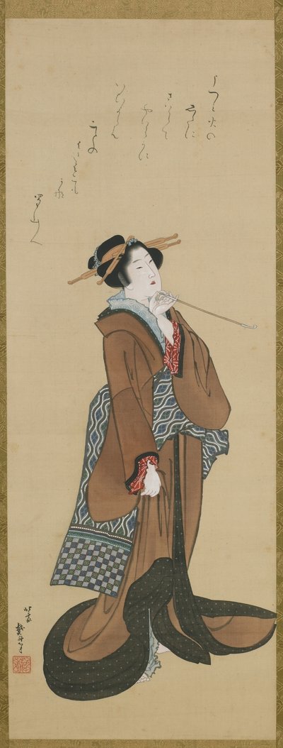 江戸時代のたばこパイプを持った女1814-15年頃（絹に墨と色） 作： Katsushika Hokusai