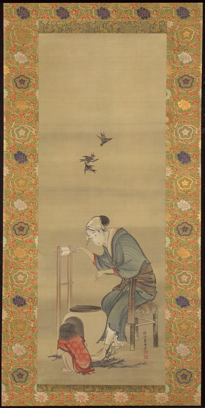 絹を紡ぐ女性 作： Katsushika Hokusai