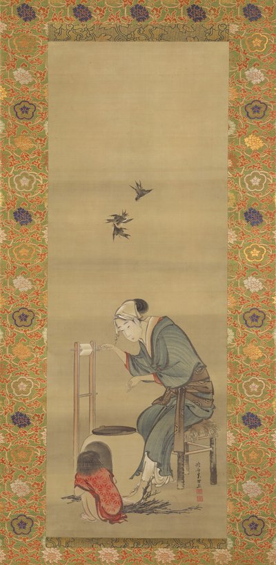 1790年の女性紡績シルク。 作： Katsushika Hokusai