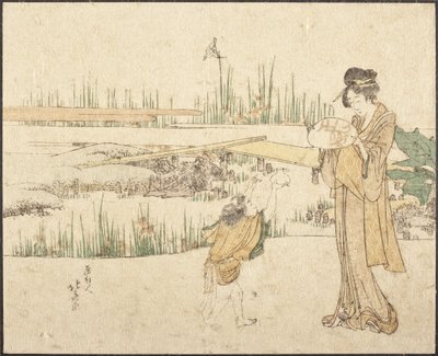 「庭にいる女性と子供」；『金魚売り』の断片 作： Katsushika Hokusai