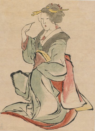 18世紀後半から19世紀初頭の、右を向いて手招きする女性。 作： Katsushika Hokusai