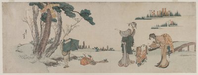 凧が木に引っかかった子供の気をそらす女性 作： Katsushika Hokusai