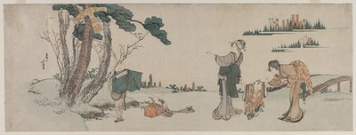 カイトが木に引っ掛かっている子供をそらす女性c。 1800。 作： Katsushika Hokusai
