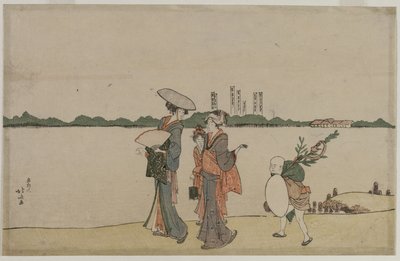 1800年代初頭、隅田川沿いを歩く女性と子供たち。 作： Katsushika Hokusai