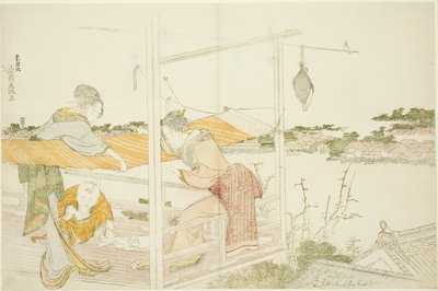 ベランダで布を伸ばして干す女性たち 作： Katsushika Hokusai