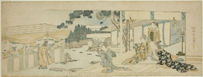 花を摘む少女を見つめるベランダの女性たち 作： Katsushika Hokusai