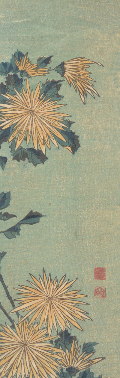 青地に黄色の菊、約。 1825年。 作： Katsushika Hokusai