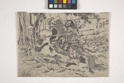 Rofu (Lu Bu) And Ch?hi (Zhang Fei), ある絵本のページ (木版画) 作： Katsushika II (fl.1820 50) Taito