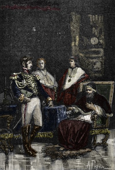 チェルヴォーニ将軍は、1798 年に教皇ピウス 6 世を召喚し、一時的な主権を放棄させました。1882 年 (彫刻) 作： Alec Hunter