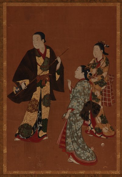 俳優と思われる男性と二人の少女、江戸時代、18世紀。 作： Kawamata Tsuneyuki