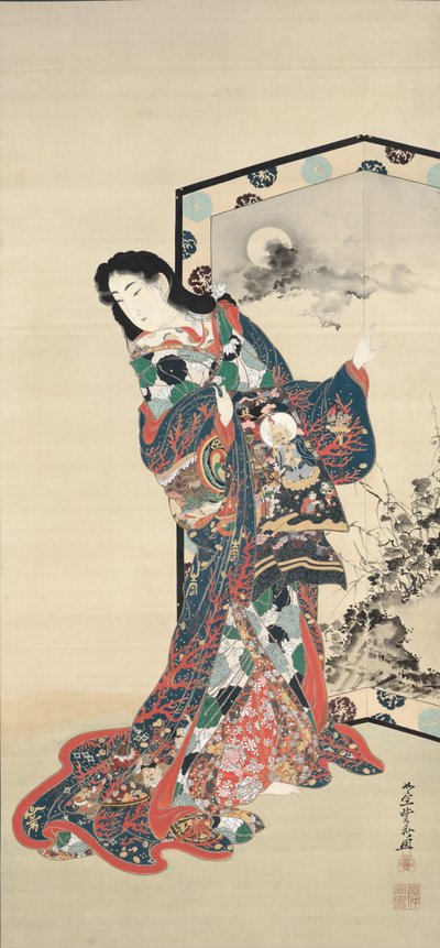 スクリーンの前の美しさ、1800年代。 作： Kawanabe Kyosai