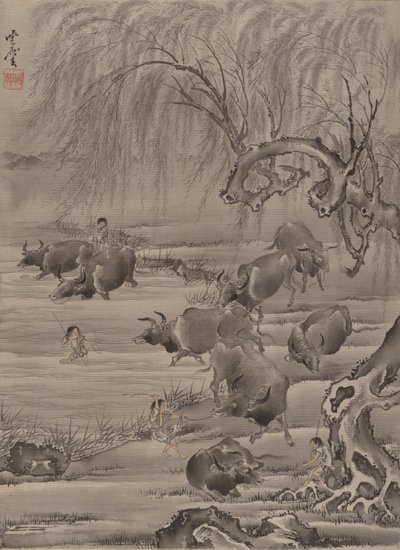 バッファローとヘルズマン、ca。 1887。 作： Kawanabe Kyosai