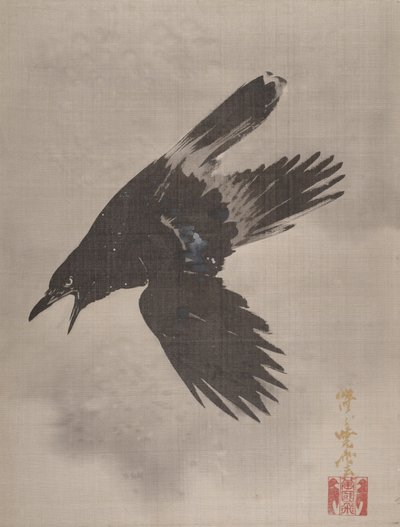 雪の中を飛ぶカラス1887。 作： Kawanabe Kyosai