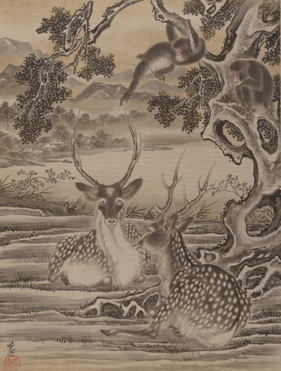 鹿とサル、ca。 1887。 作： Kawanabe Kyosai