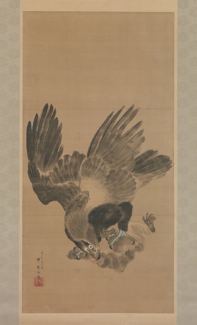 イーグル、サルを攻撃する、1885年。 作： Kawanabe Kyosai