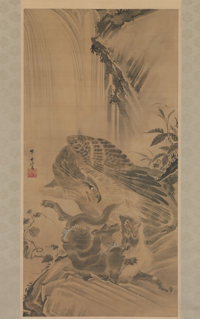 イーグルがマウンテンライオンを攻撃する、1885年。 作： Kawanabe Kyosai
