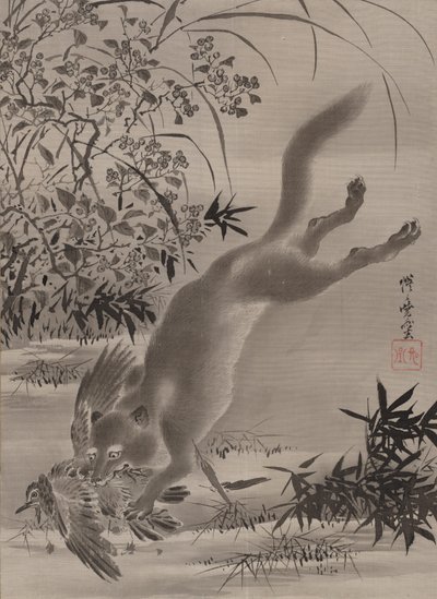 フォックスキャッチ鳥1887。 作： Kawanabe Kyosai