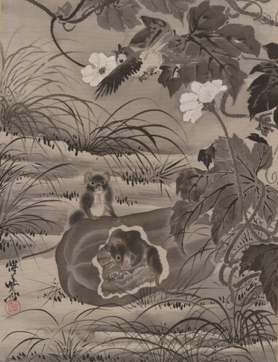 メロンの中のネズミ、カリフォルニア州。 1887年。 作： Kawanabe Kyosai