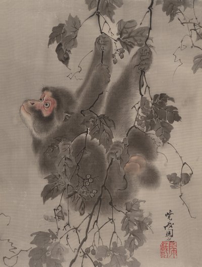 グレープバインからぶら下がっている猿、ca。 1887。 作： Kawanabe Kyosai