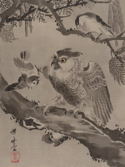 小鳥にからかわれたフクロウ1887。 作： Kawanabe Kyosai
