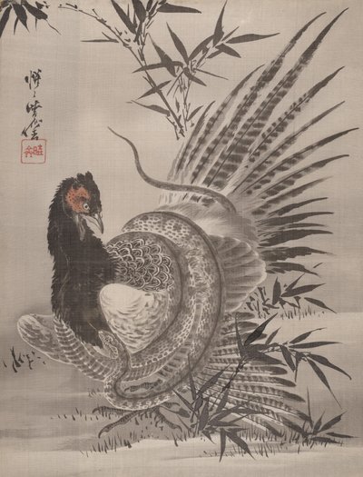 ヘビに捕まるキジ、カリフォルニア州。 1887年。 作： Kawanabe Kyosai