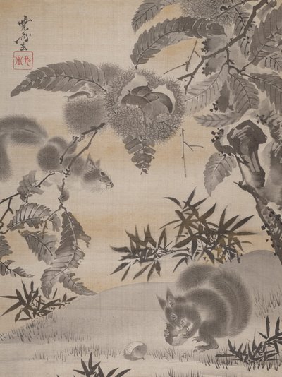 リスが栗を集める1887。 作： Kawanabe Kyosai