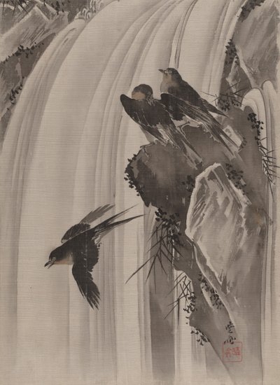 滝のそばのツバメ、ca。 1887。 作： Kawanabe Kyosai