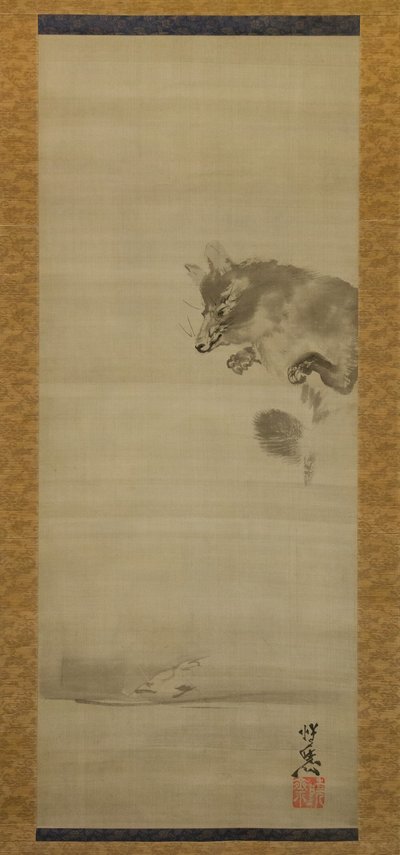水面に映る姿を見るタヌキ・ラクーン・ドッグ 19世紀後半 作： Kawanabe Kyosai
