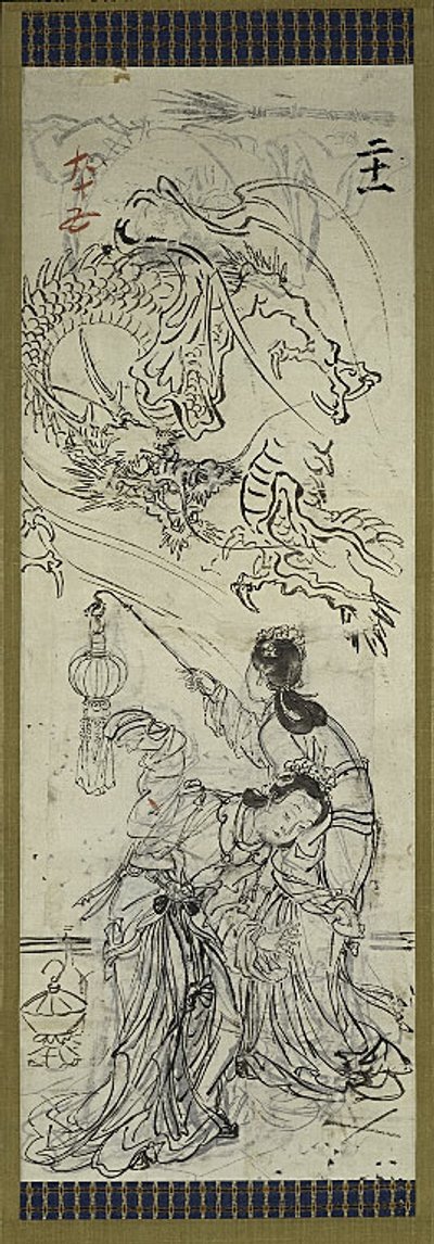 龍を連れた二人の中国人女性、6点のスケッチのうちの1点 作： Kawanabe Kyosai