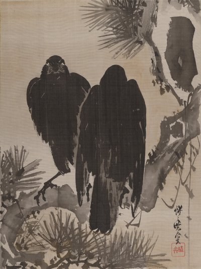 松の枝に2つのカラス、ca。 1887。 作： Kawanabe Kyosai