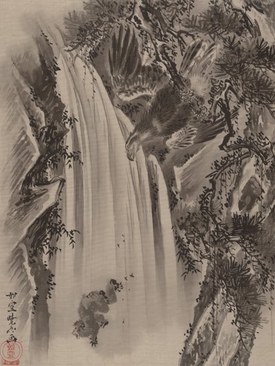 滝、イーグルとモンキー、ca。 1887。 作： Kawanabe Kyosai