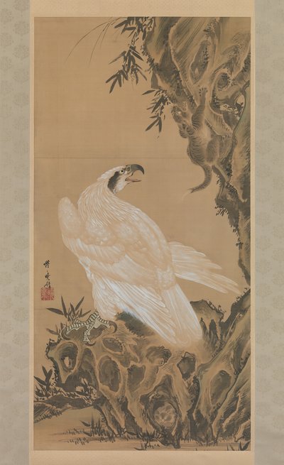 マウンテンライオンを狙うホワイトイーグル 1885年 作： Kawanabe Kyosai
