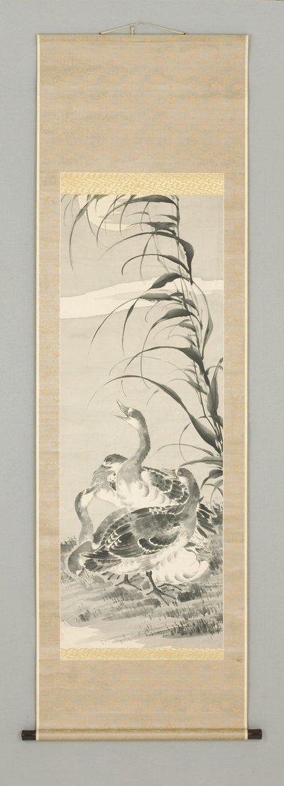 19世紀半ばの月のある風景の中のガチョウ（掛軸：紙にインクと色） 作： Kazan Watanabe