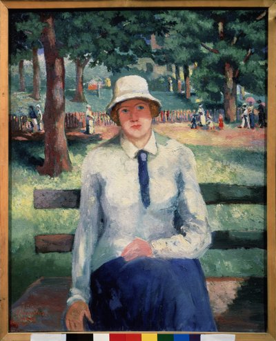 無職の女。 （失業中の少女）。 公園のベンチに座って、夏の松の木陰で、彼女の心配そうな顔は、背景の歩行者の列によって補強されています. Kasimir Severinovich Malevich (Malevich, Malevic) (1878-1935) による絵画、 作： Kazimir Severinovich Malevich